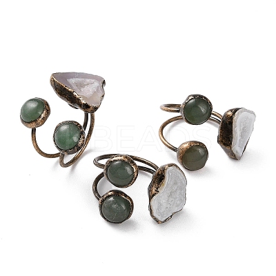 Nuggets Natural Druzy Agate & Green Aventurine Open Cuff Rings RJEW-A041-02R-1