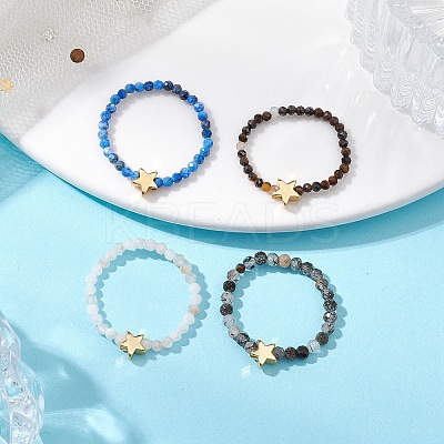 Round Natural Tiger Eye & Black Rutilated Quartz & Lapis Lazuli & Pink Opal Beads Stretch Rings RJEW-JR00790-1