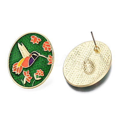 Enamel Hummingbird and Flower Stud Earrings EJEW-N046-019-1