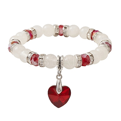 Natural Quartz Crystal & Glass Beaded Stretch Bracelet with Heart Charms for Valentine's Day X-BJEW-TA00284-1