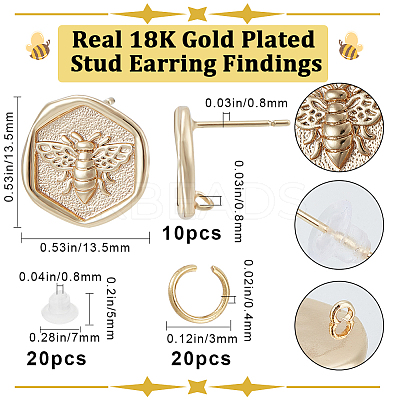 10Pcs Bee Brass Stud Earring Findings DIY-BBC0001-35-1