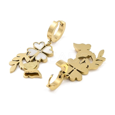 Left and Right Clover & Texture Butterfly 304 Stainless Steel Shell Dangle Earrings EJEW-L283-075G-1