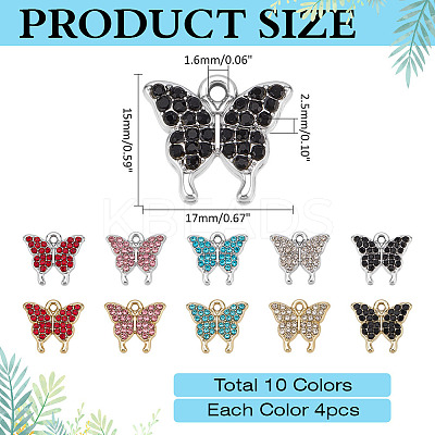 40Pcs 10 Colors Zinc Alloy Rhinestone Pendants RB-ME0001-04-1
