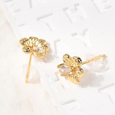 Brass Micro Pave Clear Cubic Zirconia Flower Stud Earrings EJEW-C158-17A-G-1