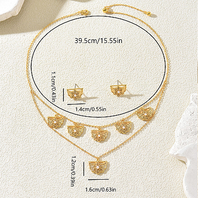 Brass Micro Pave Clear Cubic Zirconia Hollow Fan Double Layer Pendant Necklace & Stud Earrings Set for Women KI7440-1