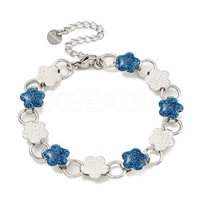304 Stainless Steel Enamel Flower Link Chain Bracelets with Glitter Powder BJEW-S153-05P-01-1