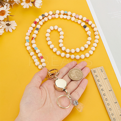 1Pc Round Wood & Colorful Metal Smiling Face Beaded ID Badges Lanyard NJEW-ME0001-05A-1