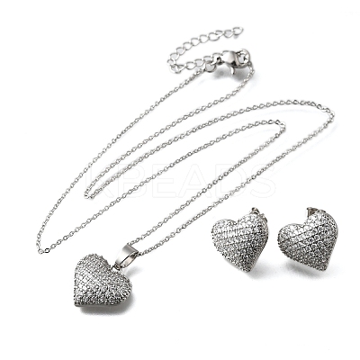 Heart Brass Micro Pave Cubic Zirconia Stud Earrings & Pendant Necklaces Sets SJEW-Z002-05P-1