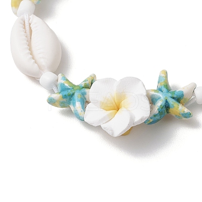 Starfish & Plumeria Synthetic Turquoise & Natural Cowrie Shell & Polymer Clay Beads Braided Bead Bracelets for Women BJEW-JB11847-1