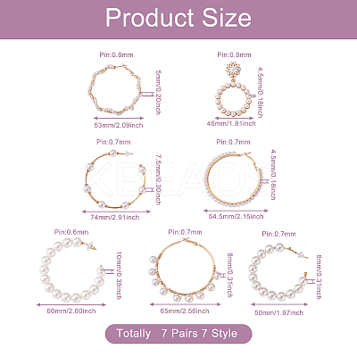 7 Pairs 7 Style Resin Pearl Beaded C-shape & Ring Dangle Stud Earrings FIND-KS0001-16-1