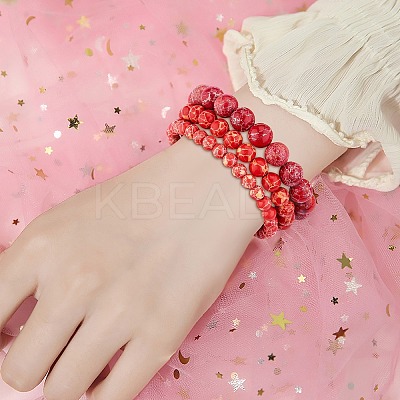 3Pcs 3 Size Synthetic Imperial Jasper Round Beaded Stretch Bracelets Set BJEW-SW00064-25-1
