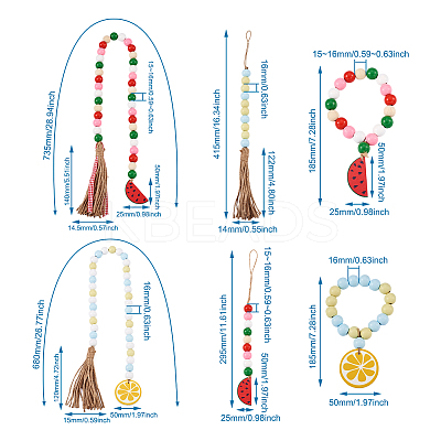6Pcs 6 Style Wood & Fringed Beaded Pendant Decoration HJEW-CF0001-15-1