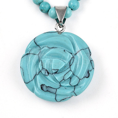 Synthetic Turquoise 4.5mm Round Beaded Flower Pendant Necklaces NJEW-T016-04G-1