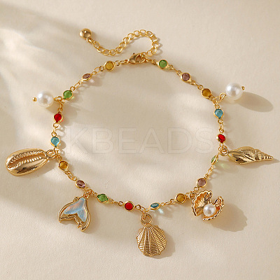 Bohemian Brass Glass Flat Round Link Chain Anklets LS-AJEW-Z046-09G-1
