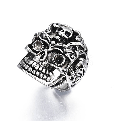 Gothic Punk Skull Alloy Open Cuff Ring for Men Women RJEW-T009-61AS-1