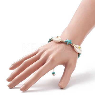 Natural Shell Evil Eye & Synthetic Turquoise(Dyed) Starfish Braided Bead Bracelet BJEW-TA00195-1