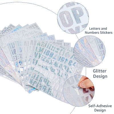 12 Sheets 6 Style Rectangle with Number & Letter Holographic Laser Style Vinyl Stickers STIC-FH0001-01-1