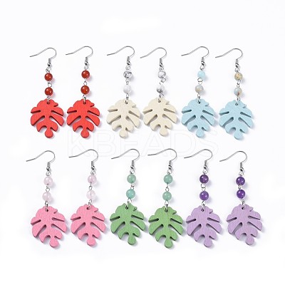 Tropical Theme Monstera Leaf Poplar Wood Dangle Earrings EJEW-JE03357-1