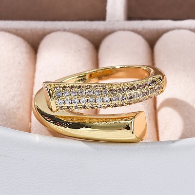 Rack Plating Brass Micro Pave Clear Cubic Zirconia Open Cuff Finger Rings for Women RJEW-M028-95G-1