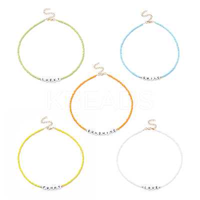 5Pcs 5 Style Glass & Plastic Word Beaded Necklaces Set NJEW-JN04316-1