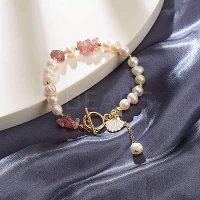 Natural Strawberry Quartz Chip Beaded Bracelet BJEW-TA00032-03-1
