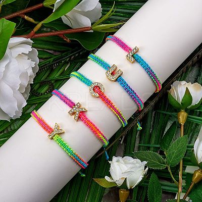 Crystal Rhinestone Initial Braided Bead Bracelet BJEW-SW00037-07-1