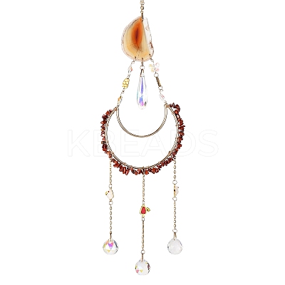 Moon Metal & Natural Red Jasper Chip Pendant Decorations AJEW-Q143-08-1