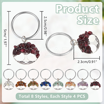 32 Pcs 8 Colors Natural Gemstone Tree of Life Keychains KEYC-PH01571-1