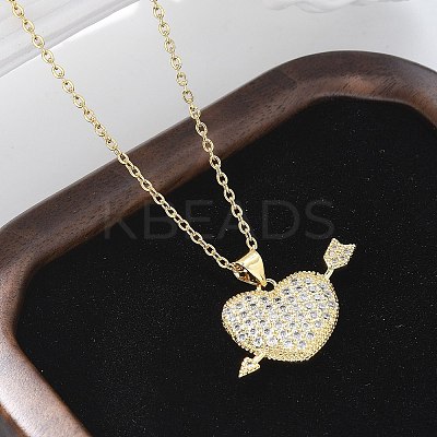 Brass Micro Pave Clear Cubic Zirconia Arrow Heart Pendant Necklaces for Women NJEW-M088-01G-03-1