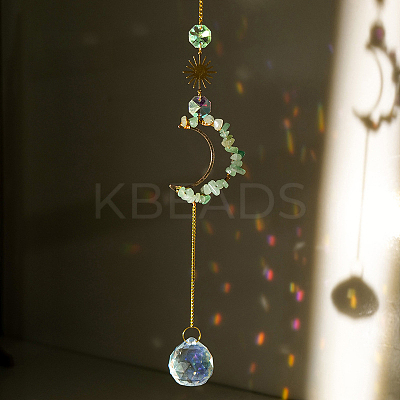 Natural Green Aventurine Chip Moon Pendant Hanging Ornaments G-PW0007-092B-1