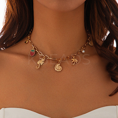 Summer Beach Iron & Alloy Enamel Strawberry Sea Horse Shell Shape Bib Necklaces FS-WG54A68-01-1