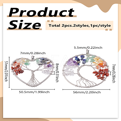 2Pcs 2 Styles Natural Mixed Stone Chip Tree of Life Big Pendants FIND-LP0003-10-1