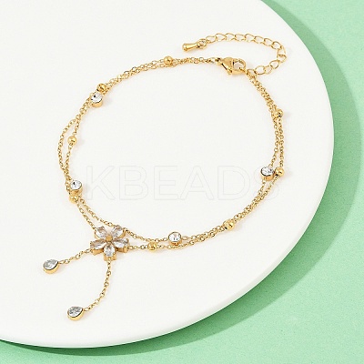 304 Stainless Steel Pave Clear Cubic Zirconia & Crystal Rhinestone Double Layer Flower Charm Anklets for Women AJEW-G069-02G-1