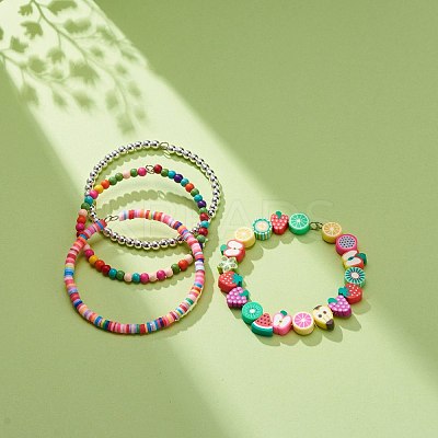 4Pcs 4 Style Handmade Polymer Clay Fruit & Synthetic Hematite & Turquoise(Dyed) Beaded Bracelets Set BJEW-JB08693-1