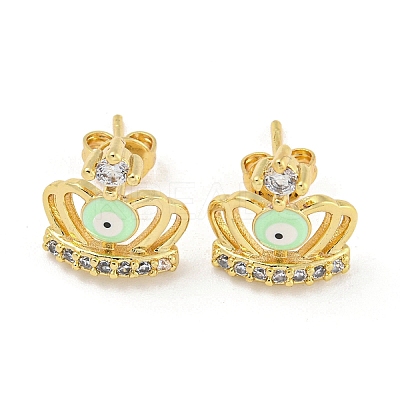 Crown with Evil Eye Real 18K Gold Plated Brass Stud Earrings EJEW-L269-108G-01-1