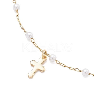 Round ABS Imitation Pearl Beads & 304 Stainless Steel Link Chain Tassel Anklets for Women AJEW-AN00738-02-1