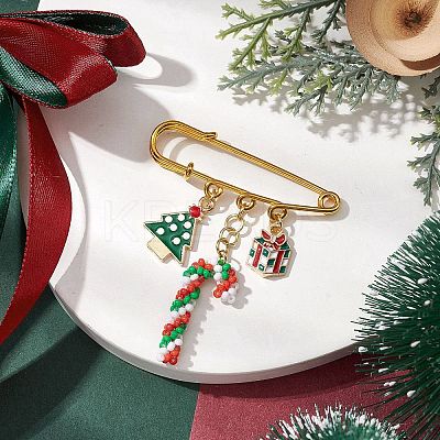 Candy Cane & Christmas Tree & Gift Glass Seed Beads & Alloy Enamel Pendant Kilt Pins JEWB-MZ00003-1