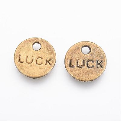 Flat Round Carved Word Luck Tibetan Style Alloy Message Charms TIBEP-A123975-AB-FF-1