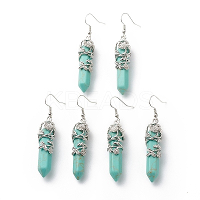 Synthetic Turquoise Bullet with Flower Dangle Earrings EJEW-G300-02P-09-1