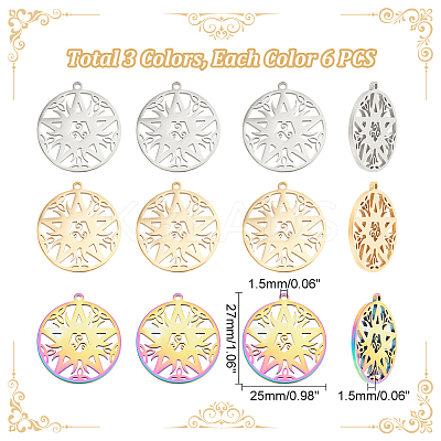 18Pcs 3 Colors 304 Stainless Steel Pendant STAS-DC0012-38-1