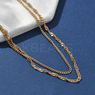 304 Stainless Steel Singapore Chain Double Layered Necklaces for Women NJEW-U050-02B-G-1