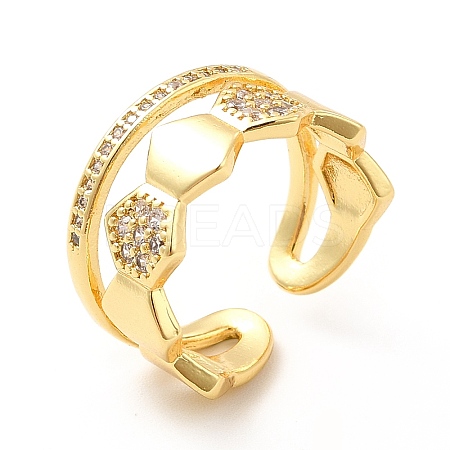 Clear Cubic Zirconia Hexagon Open Cuff Ring KK-H439-27G-1