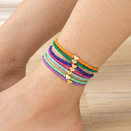 7Pcs Bohemian Style Heart Brass & Glass Seed Beaded Stretch Anklet Sets FS-WG7E51F-05-1