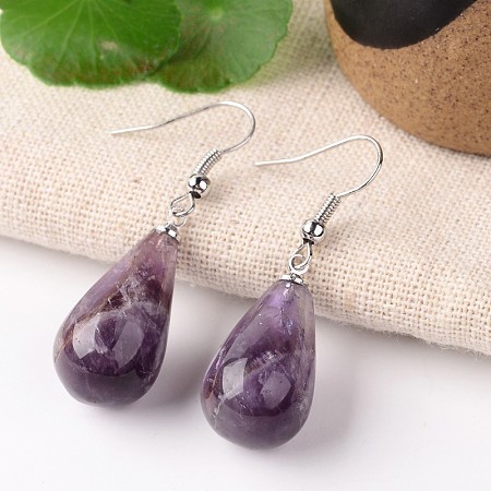 Natural Amethyst Teardrop Dangle Earrings EJEW-J086-03-1
