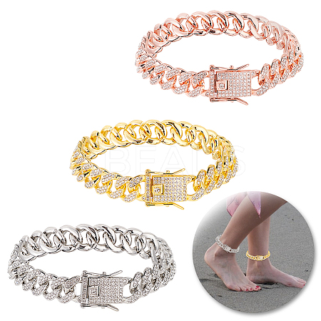 3Pcs 3 Colors Zinc Alloy Crystal Rhinestone Cuban Link Chain Anklets BJEW-GA0001-13-1