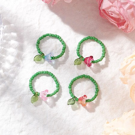 Glass Beads with Acrylic Charms Finger Rings RJEW-TA00205-1
