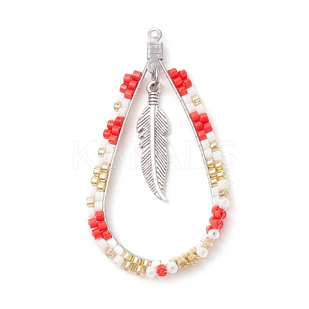 Bohemia Style Glass Seed Beaded Teardrop with Feather Pendants PALLOY-MZ00589-03-1