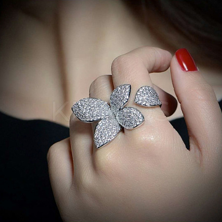 Butterfly Brass Micro Pave Clear Cubic Zirconia Adjustable Cuff Rings for Women FS-WG64577-01-1