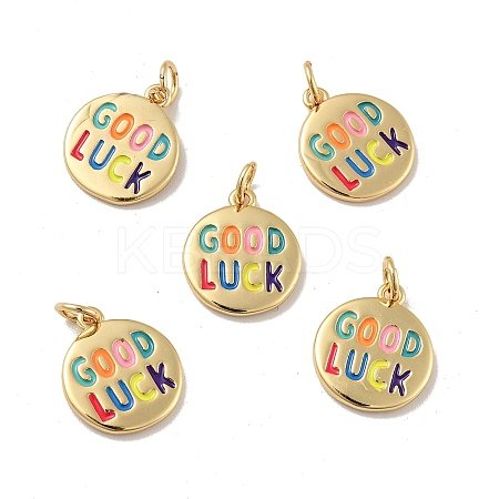 Flat Round with Word Good Luck Brass Enamel Pendants LS-KK-G419-27G-1