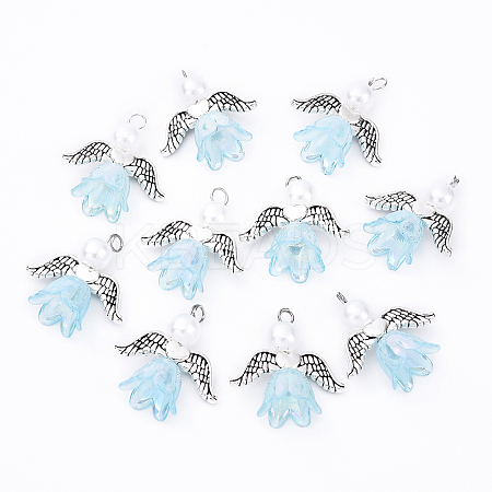10Pcs Acrylic & Imitation Pearl Flower Angel Pendants PALLOY-YW00055-05-1
